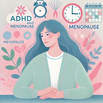 DALL·E 2024-10-13 00.02.57 - A calming and supportive illustration representing 'ADHD and Menopause,' using soft pastel colors. Show a woman thoughtfully reflecting or in a suppor