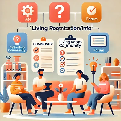 DALL·E 2024-10-13 16.56.54 - A friendly and modern minimalist illustration representing a self-help community's 'Living Room Organization_Info'. The scene shows people sitting in