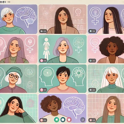 DALL·E 2024-10-25 22.13.52 - An inclusive illustration for the 'Women in Neurodiversity' online support group category, showing a diverse group of women in a video meeting. Includ